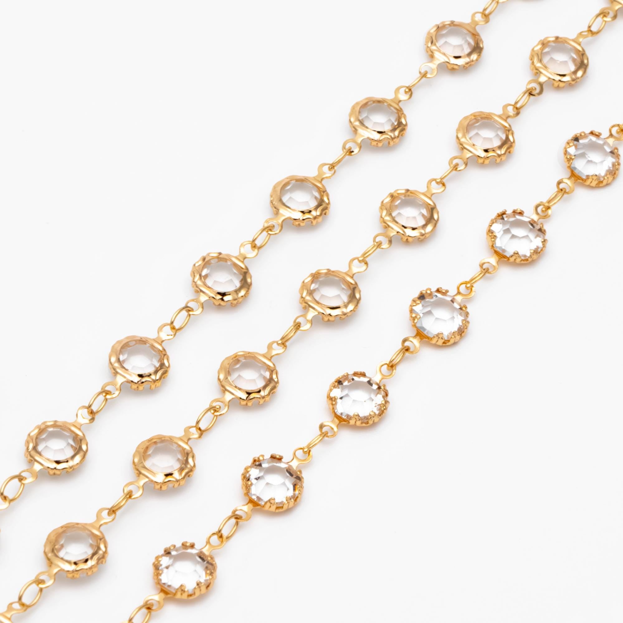 Gold plated Brass Crystal Beaded Chains, Link Chains with 7mm Flat Coin Beads, Color Not Easily Tarnish (#LK-183)/ 1 Meter=3.3 ft